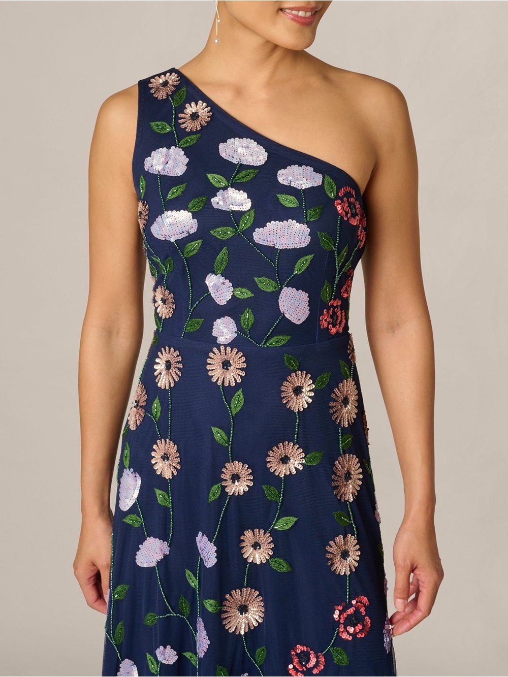 Adrianna Papell Navy Floral Sequin One Shoulder Gown Size 6 NWT GALA MOB Formal - Picture 5 of 15